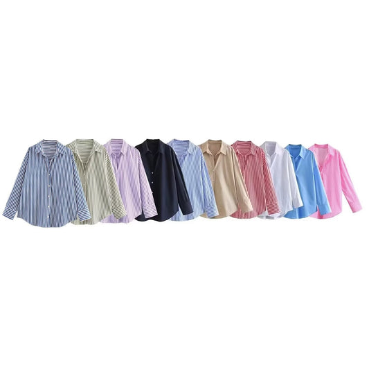 Women's new fashion loose basic style multi-color versatile poplin shirt casual striped shirt retro long sleeved button up women's shirt chic top