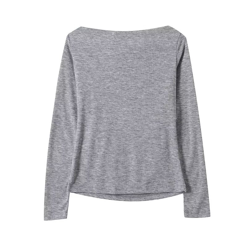 Women's pleated collar long sleeved knitted T-shirt