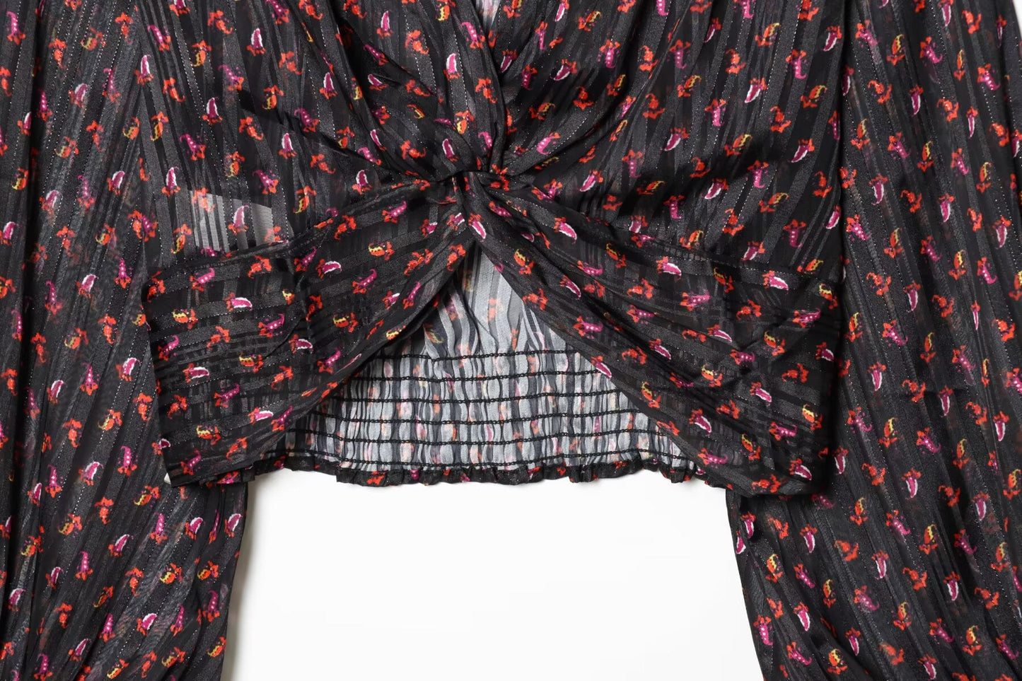 Women's knot decoration V-neck printed top
