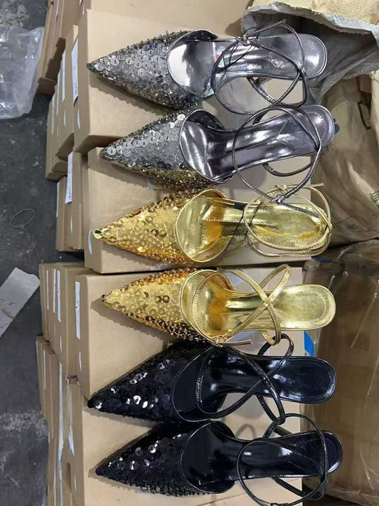 2026 New Style Elegant Sequined Pointed Toe Sandals for Women - High Heels