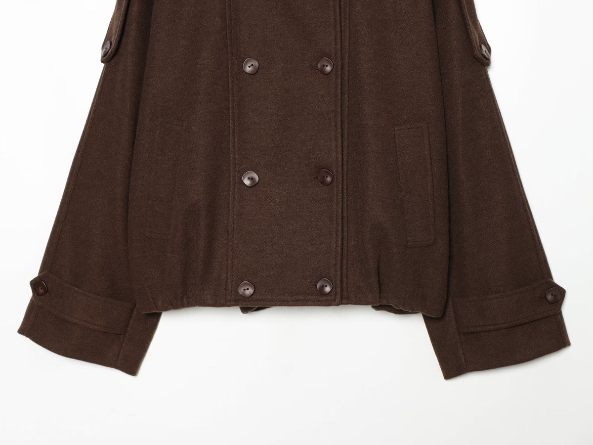 Women's standing collar double breasted woolen Coat