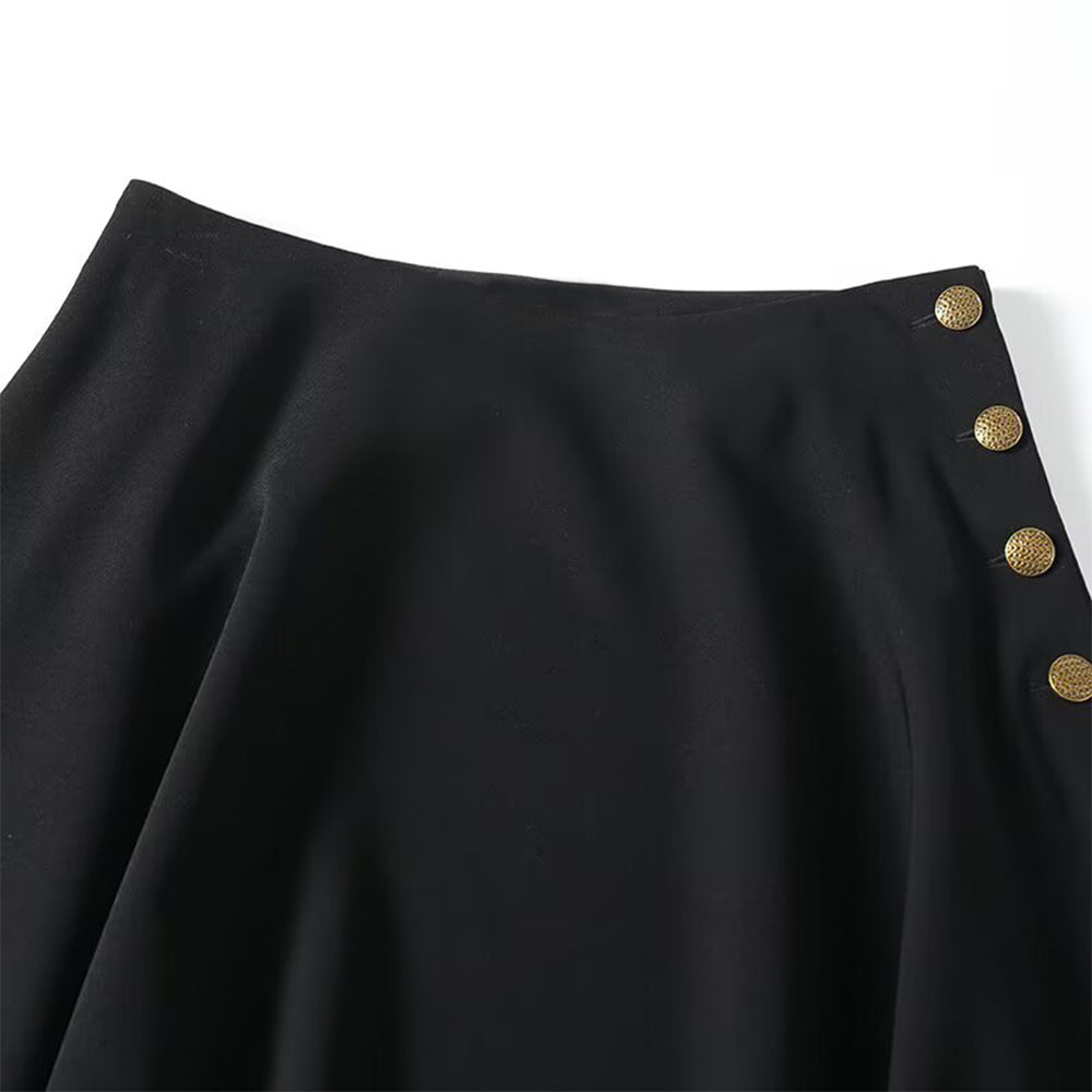 Women's casual draped gold Button-up flared skirt