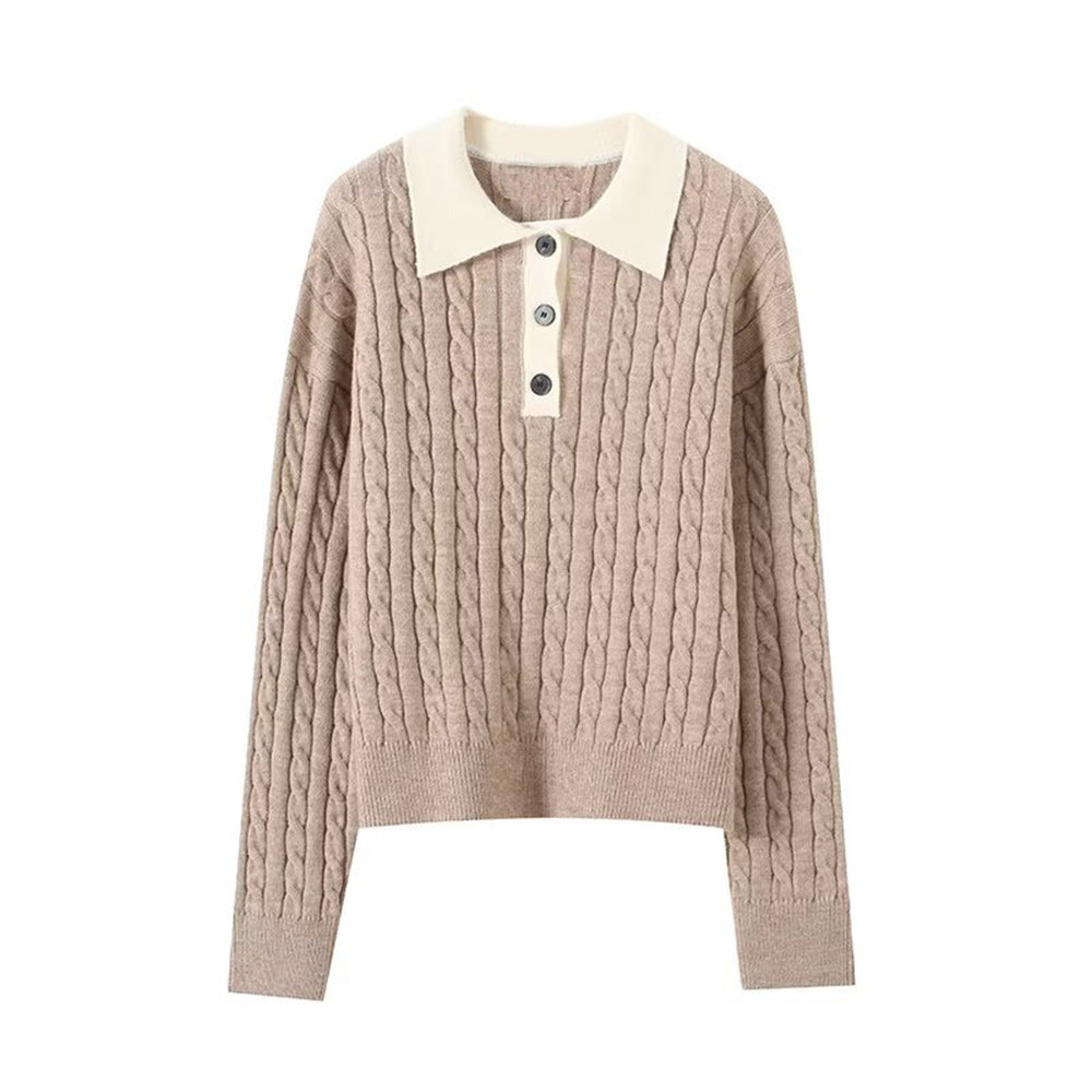 Women's polo collar striped long sleeved knitted sweater