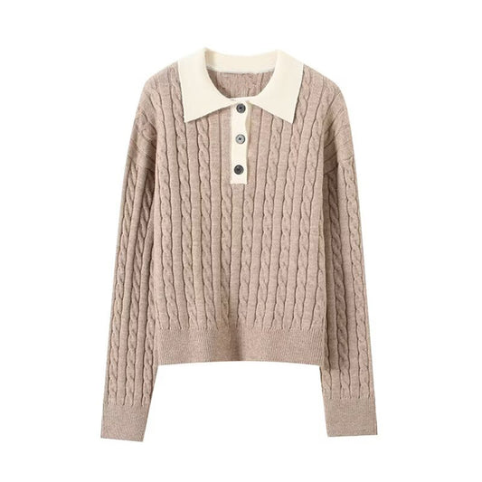 Women's polo collar striped long sleeved knitted sweater