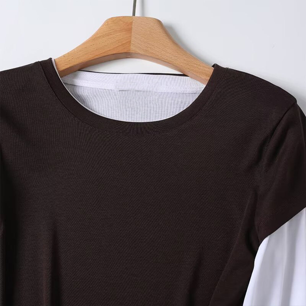 Women's patchwork Fake two styles O Neck T-shirt