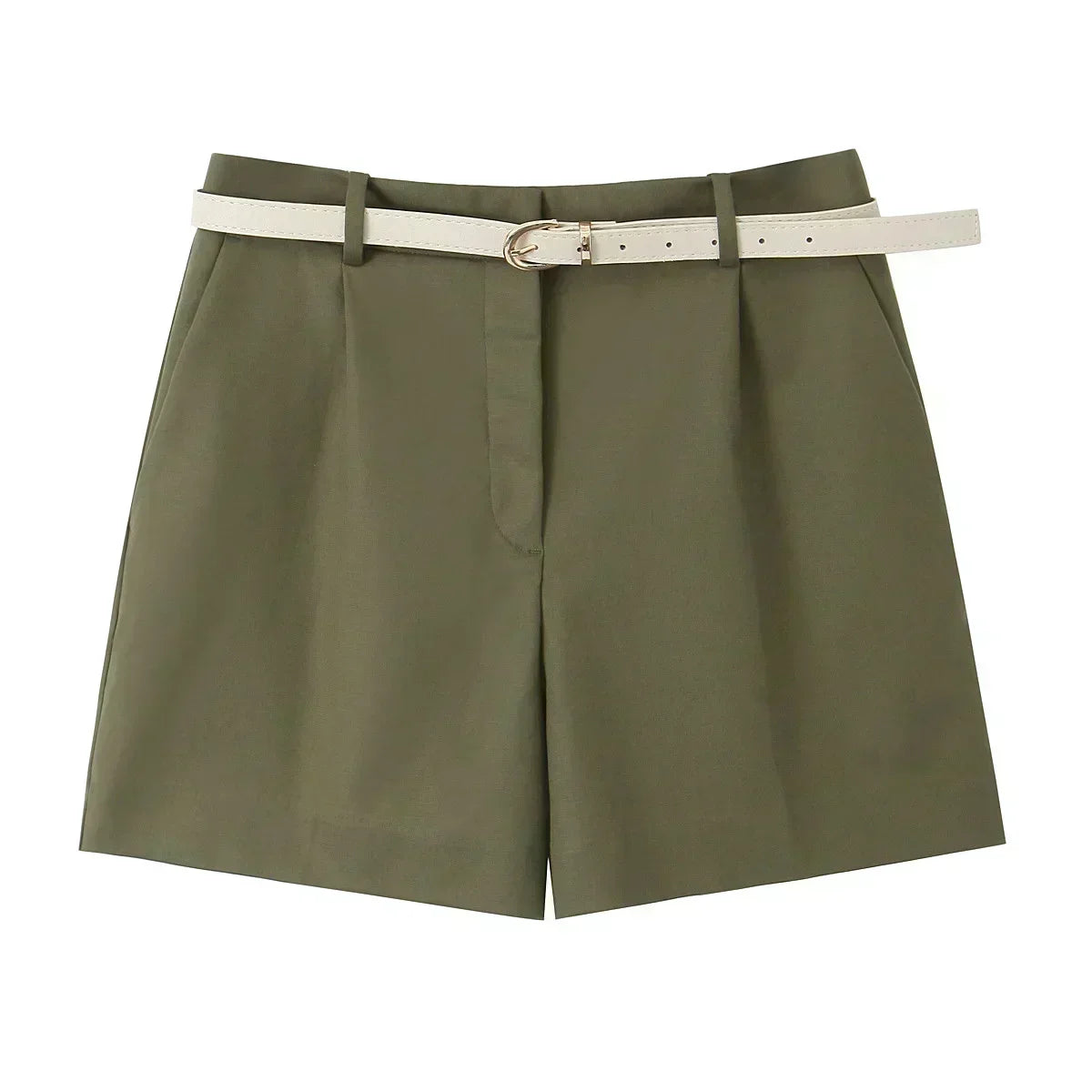 Women's New Chic Fashion Belt Decoration Casual Versatile Pleated Shorts Retro High Waist Side Pocket Women's Shorts