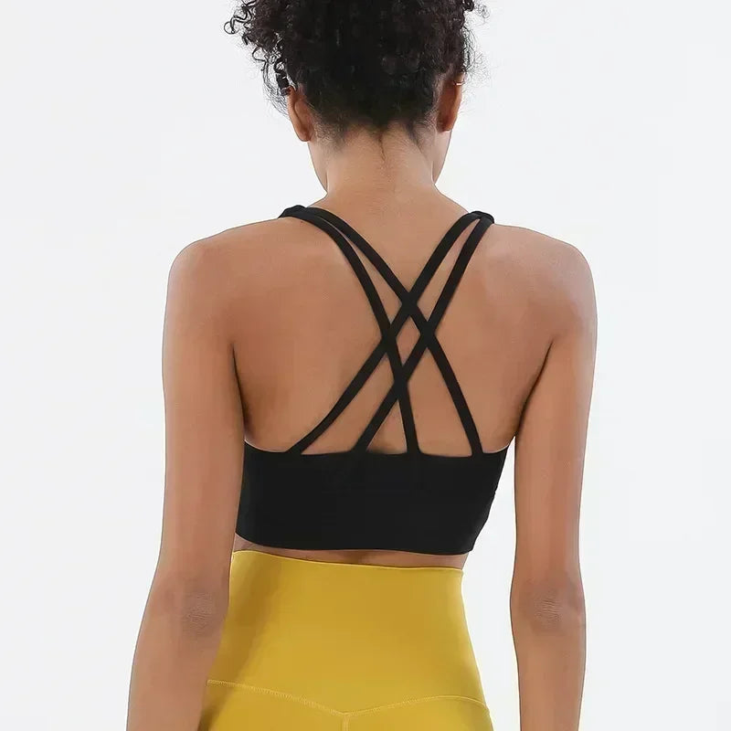 Yoga New Double-sided Sanding Cross Back Sports Bra Shockproof Gathered Yoga Bra Fitness.