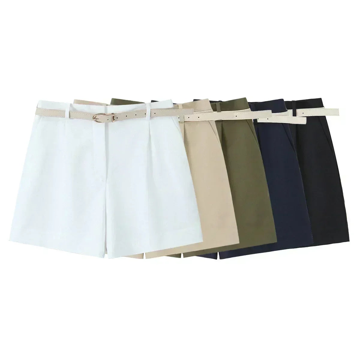 Women's New Chic Fashion Belt Decoration Casual Versatile Pleated Shorts Retro High Waist Side Pocket Women's Shorts