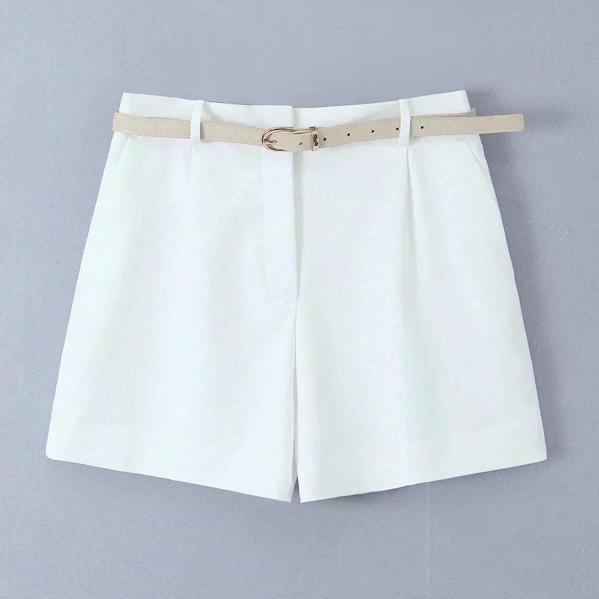 Women's New Chic Fashion Belt Decoration Casual Versatile Pleated Shorts Retro High Waist Side Pocket Women's Shorts