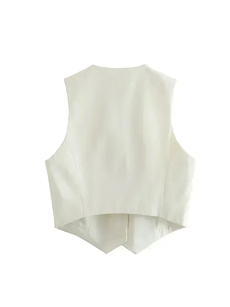 Women New Fashion Cropped V Neck Solid Casual Vest Vintage Sleeveless Button-up Female Waistcoat Chic Tops