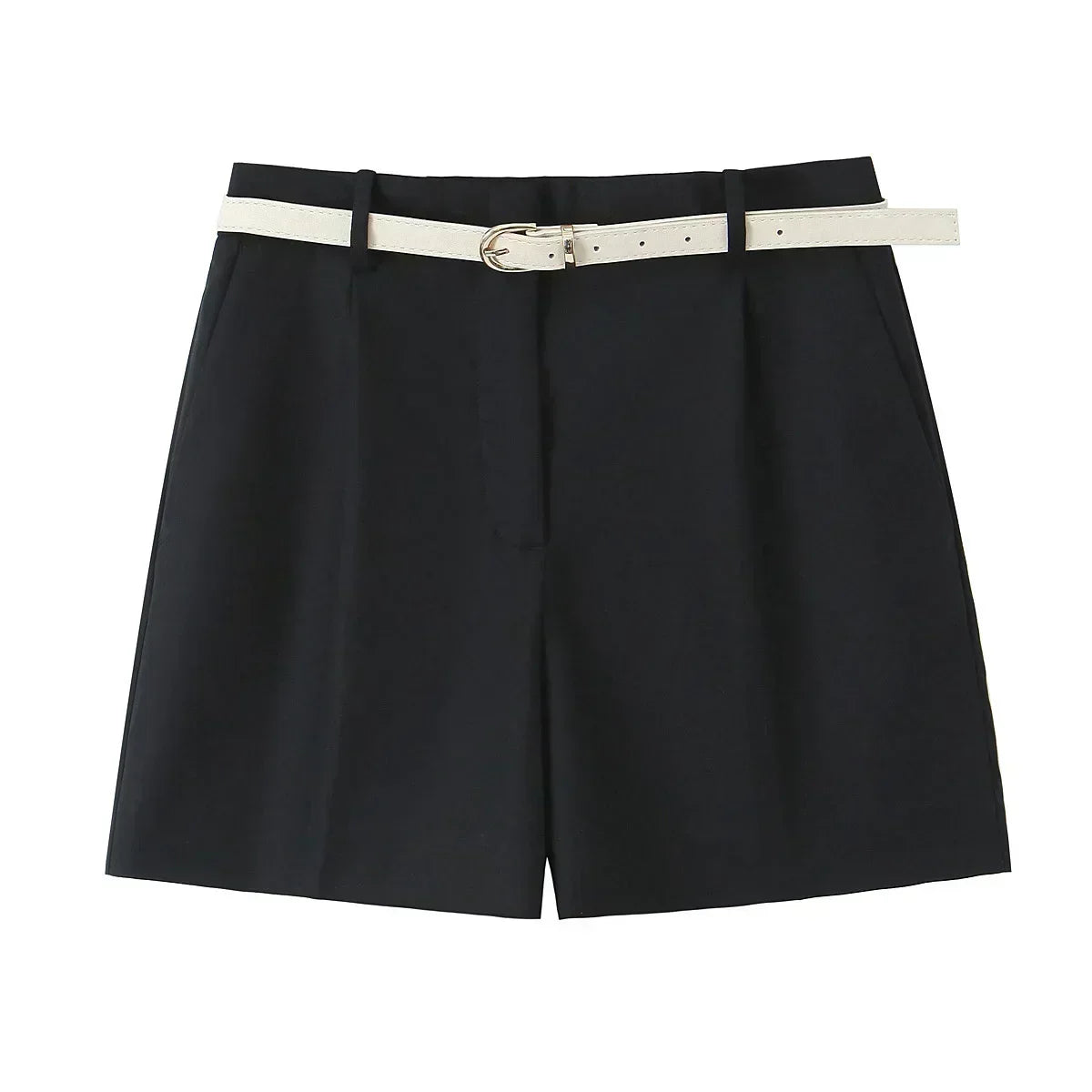 Women's New Chic Fashion Belt Decoration Casual Versatile Pleated Shorts Retro High Waist Side Pocket Women's Shorts