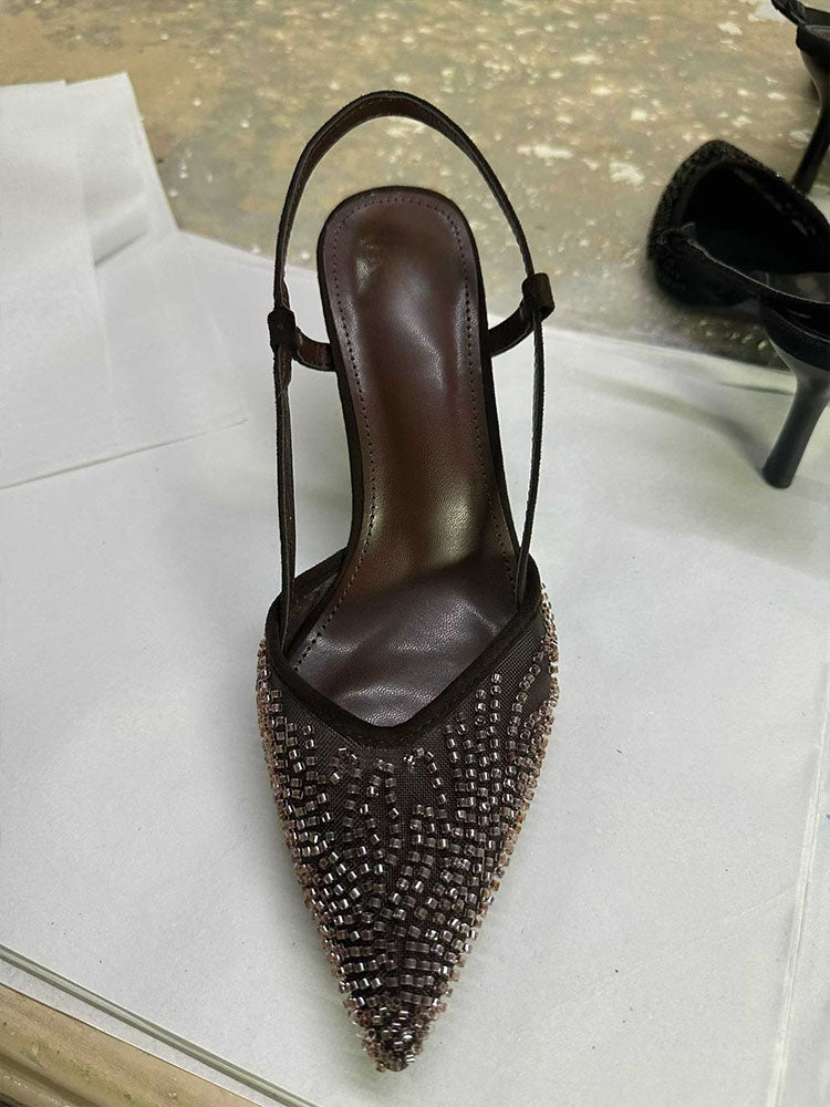 2026 New Arrival Pointed-Toe Mesh Embroidered Beaded Slingback High Heels