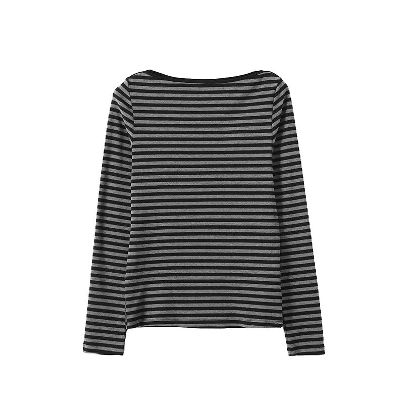Women's base flat neck striped long sleeved T-shirt