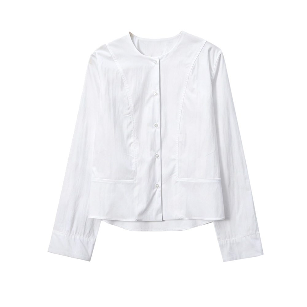 Women's slim collarless short poplin shirt