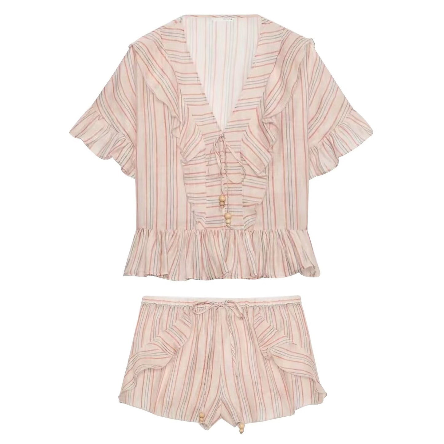 suit Women's 2 pieces striped layered decorative shirt+shorts