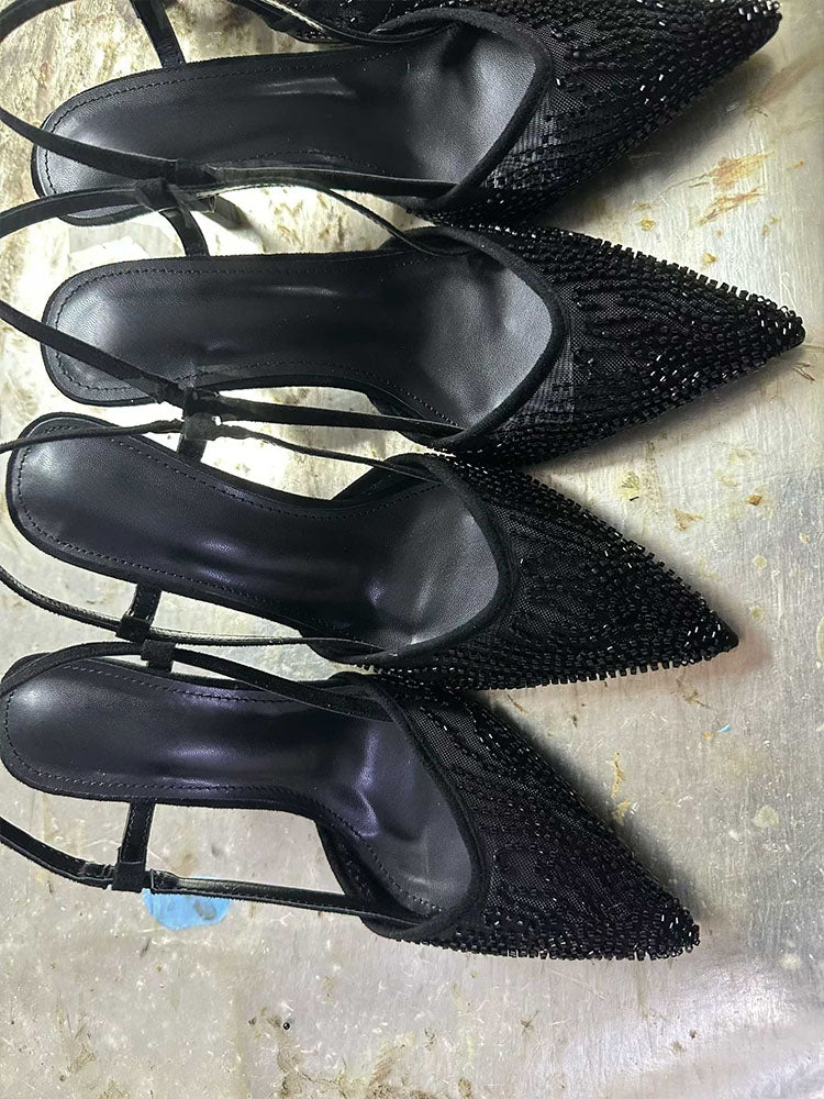 2026 New Arrival Pointed-Toe Mesh Embroidered Beaded Slingback High Heels