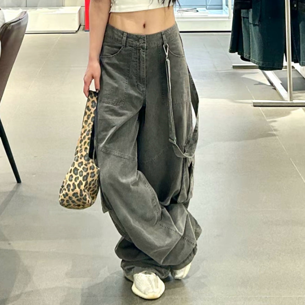 Women's new retro multi-pocket suspenders sweatpants