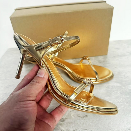 New style single-strap high-heeled round-toe stiletto sandals with metallic double straps