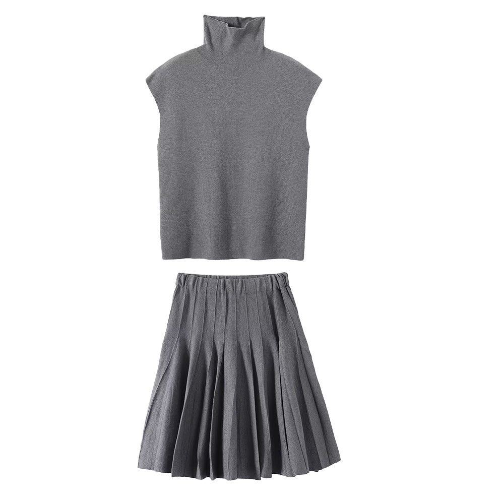 suit Women's 2 pieces flying sleeve high neck knitted vest+Skirts