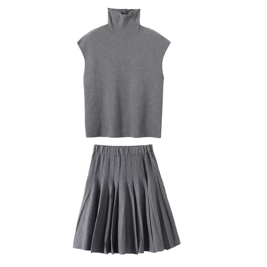 suit Women's 2 pieces flying sleeve high neck knitted vest+Skirts
