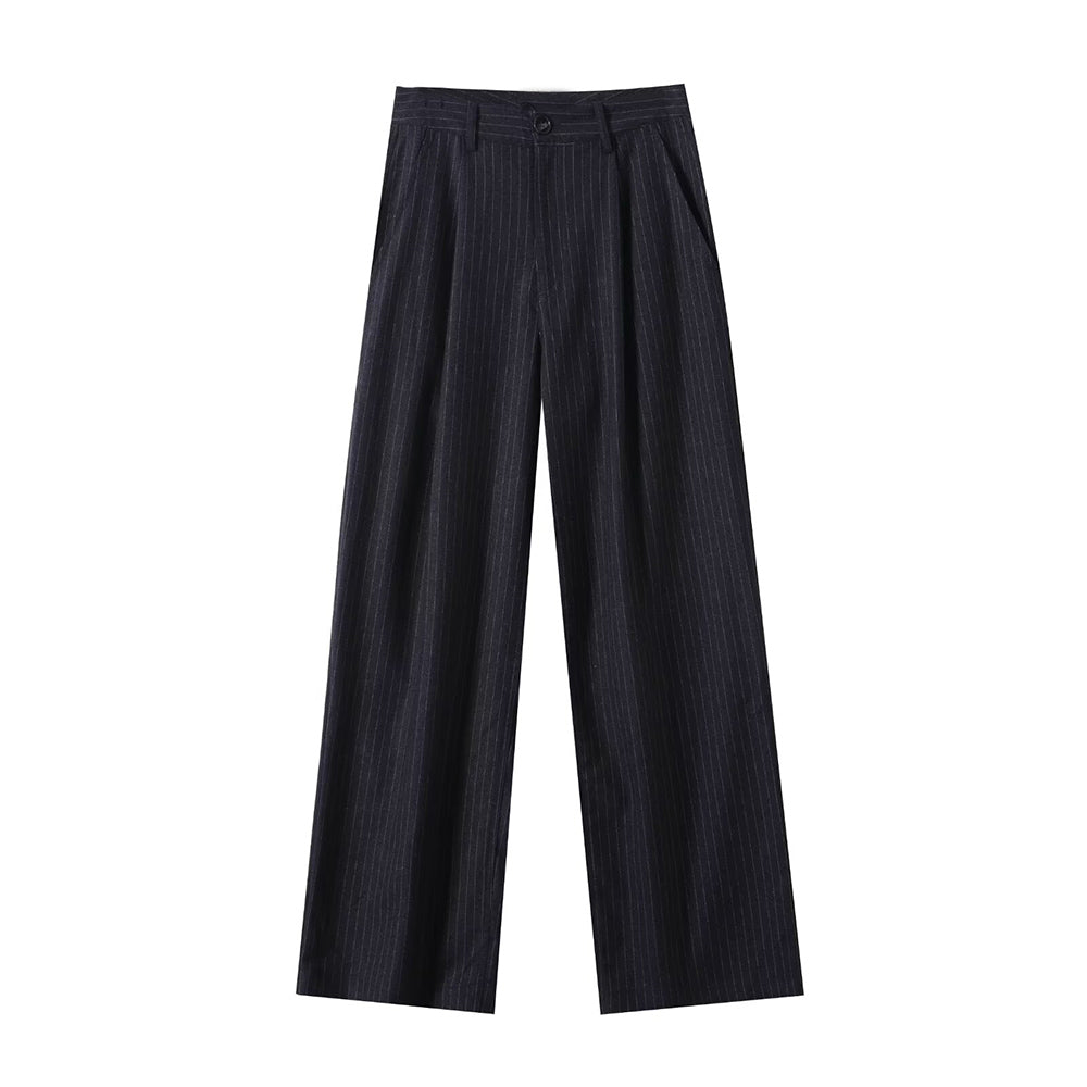 Women's new fashion loose mid waist striped wide leg pants