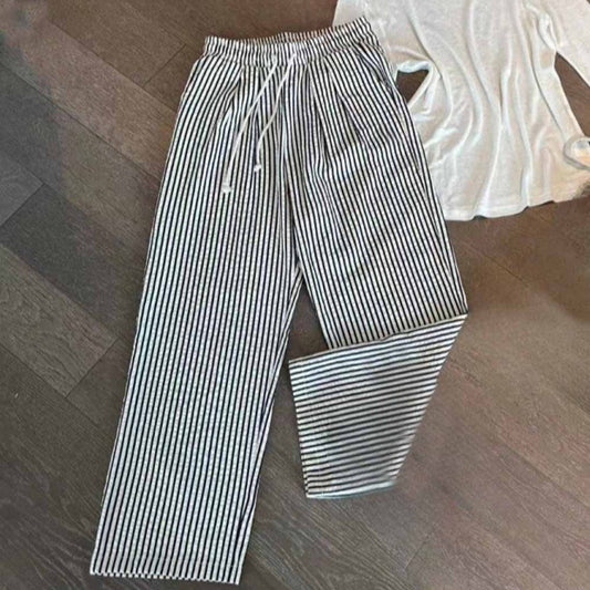 2026 women's new striped embroidery loose waist drawstring casual straight pants