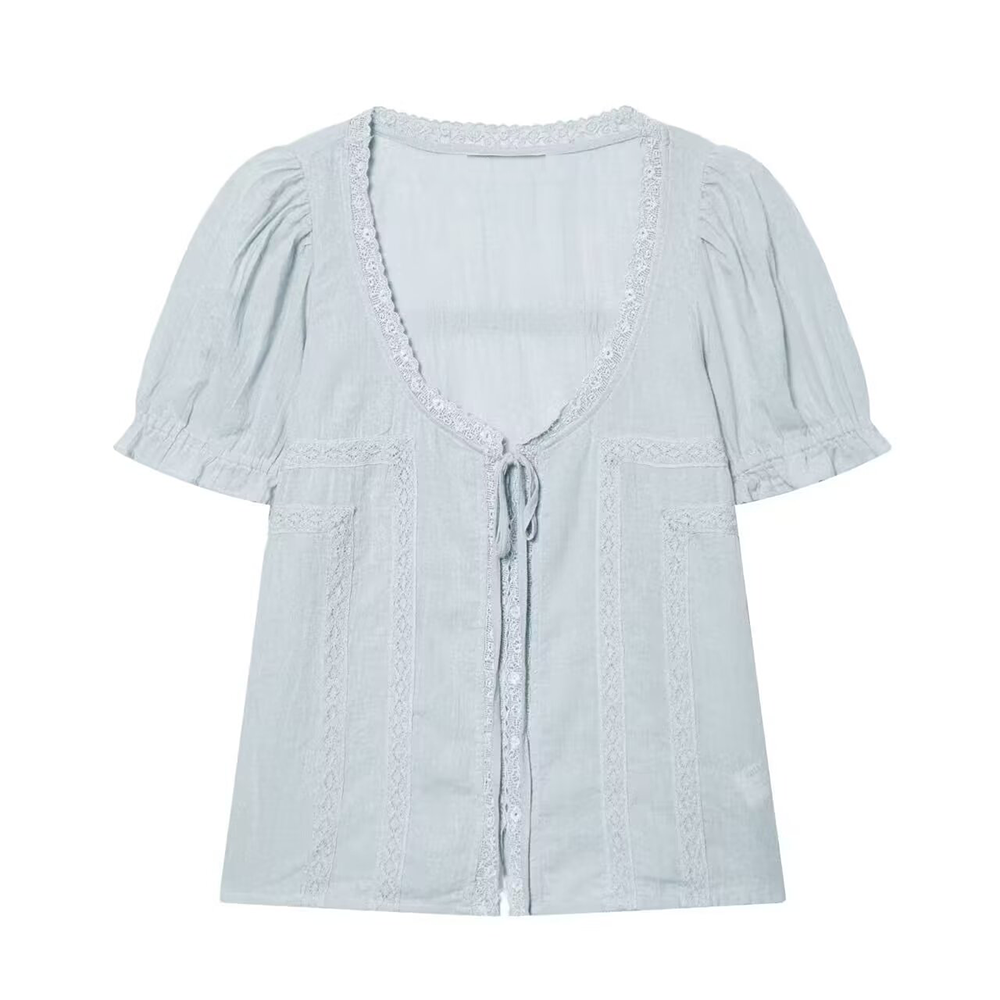 Women's embroidered chiffon lace up shirt