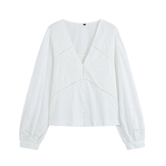 Women's embroidered V-neck poplin shirt