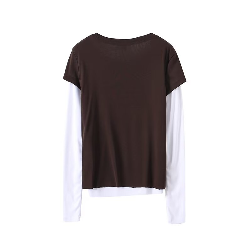 Women's patchwork Fake two styles O Neck T-shirt