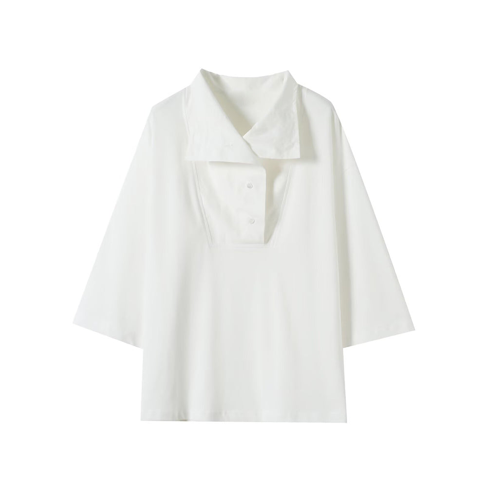 Women's high neck nine quarter sleeve button up shirt