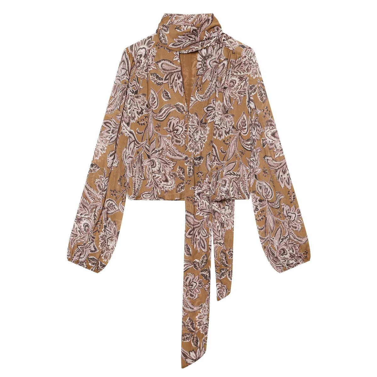 Women's ribbon decoration retro printed chiffon top