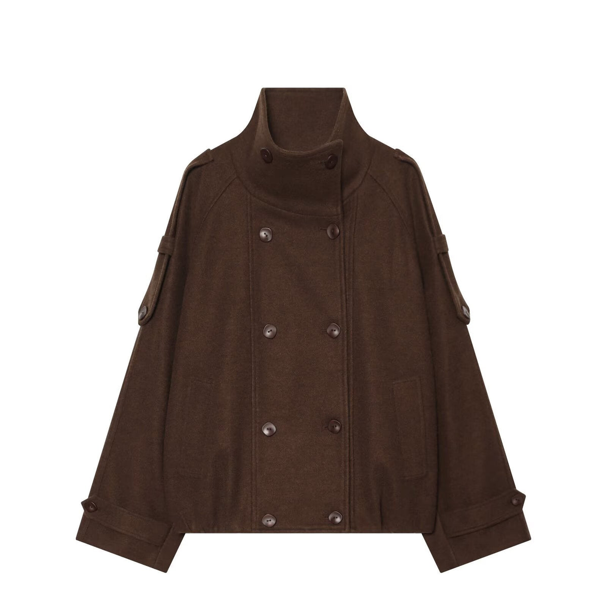 Women's standing collar double breasted woolen Coat