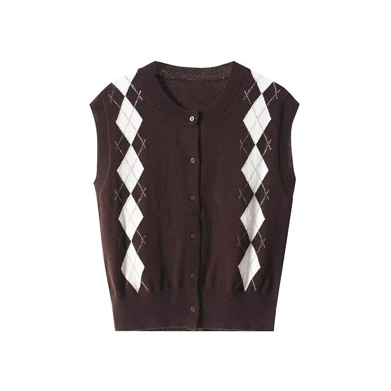 Women's retro O Neck argyle patterned knitted vest