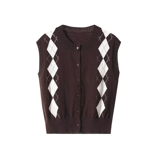 Women's retro O Neck argyle patterned knitted vest