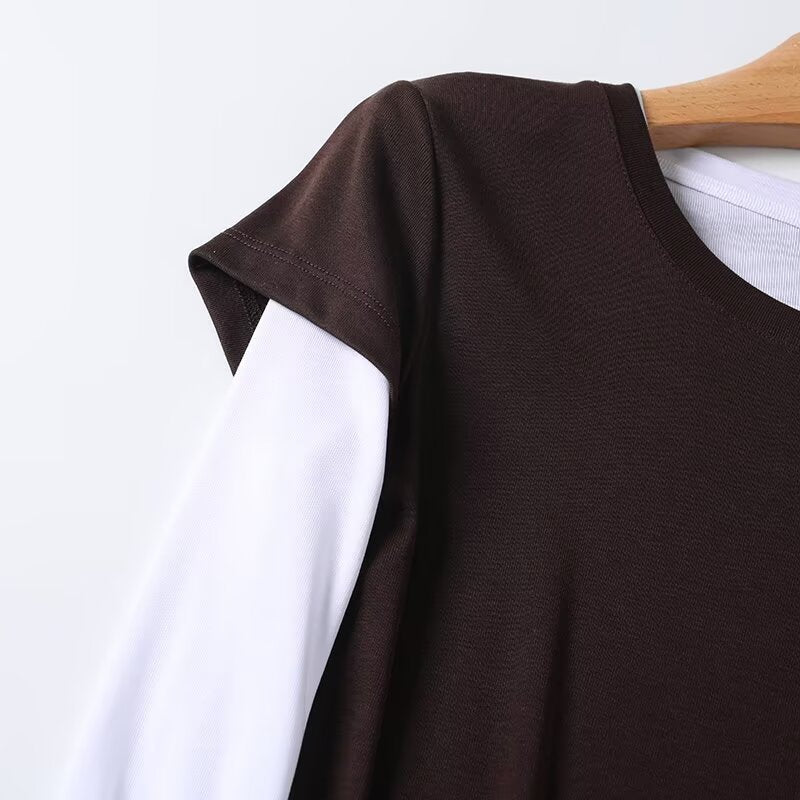 Women's patchwork Fake two styles O Neck T-shirt