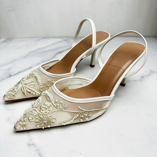 Women's New Fashion Joker Strap Temperament Stiletto Toe Baotou Embroidered Beaded Mesh Sandals.