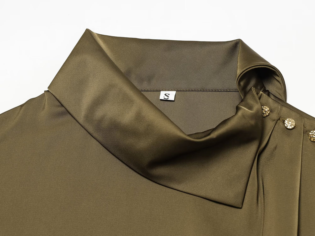 Women's shoulder button decoration satin textured top