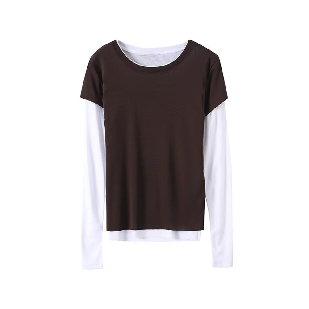 Women's patchwork Fake two styles O Neck T-shirt