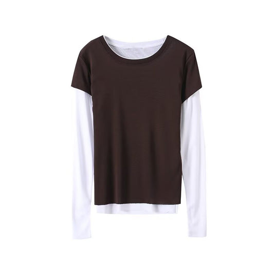 Women's patchwork Fake two styles O Neck T-shirt