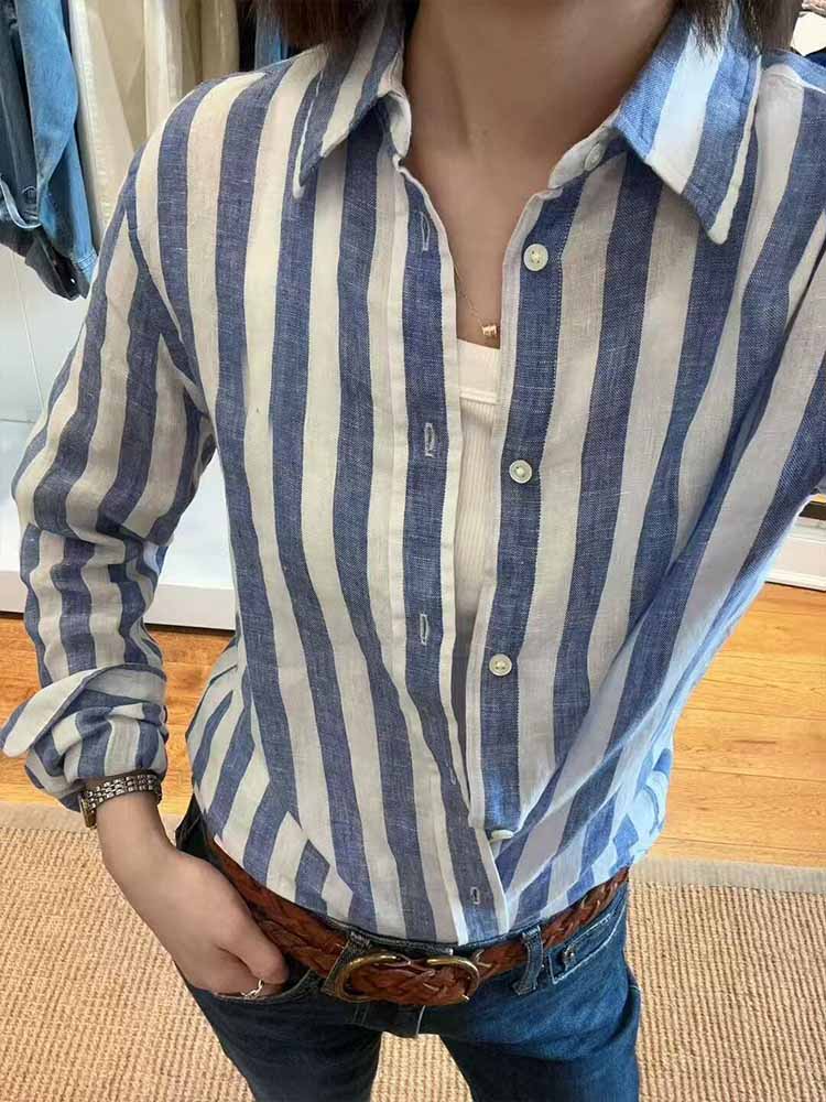 Women's New Casual Joker Spring and Summer Sun Protection Slub Cotton Embroidered Striped Long-sleeved Shirt