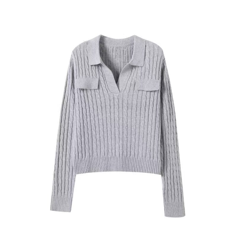 Women's Polo Collar Twisted Flower Knitted Sweater