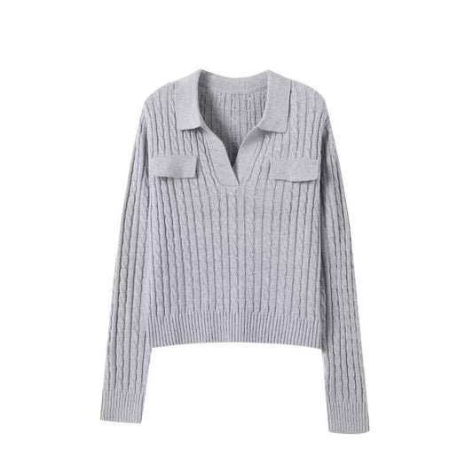 Women's Polo Collar Twisted Flower Knitted Sweater