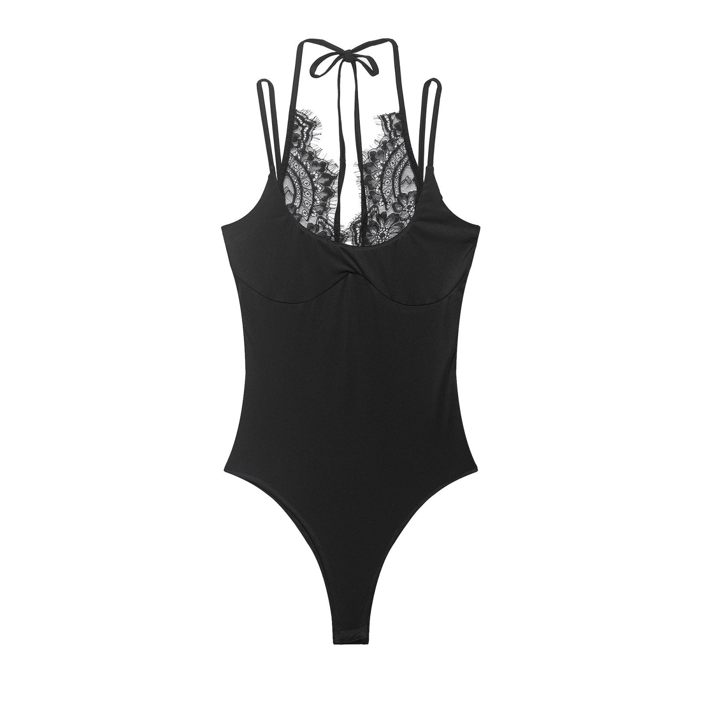 Women's lace patchwork halter neck bodysuit