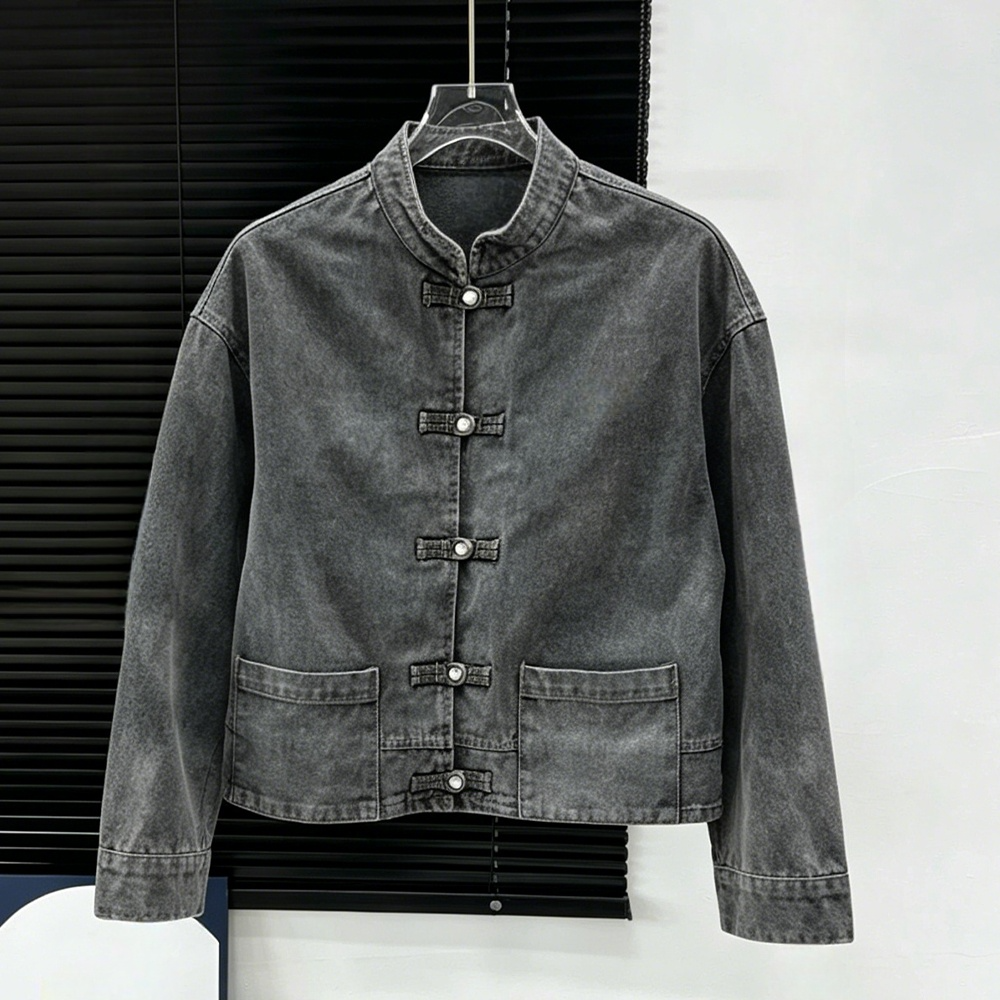 Women's new stand-up collar short cuff stitching design denim jacket