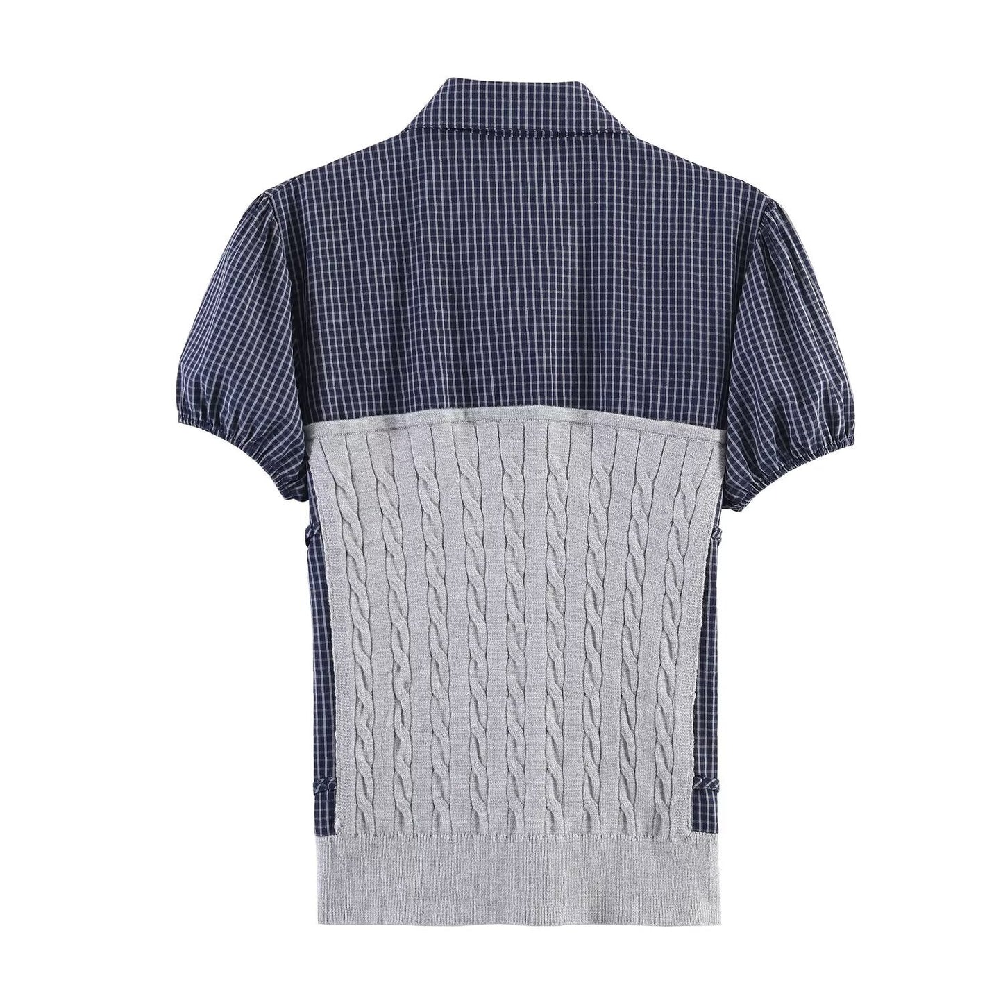 Women's contrasting spliced twisted checkered knit sweater