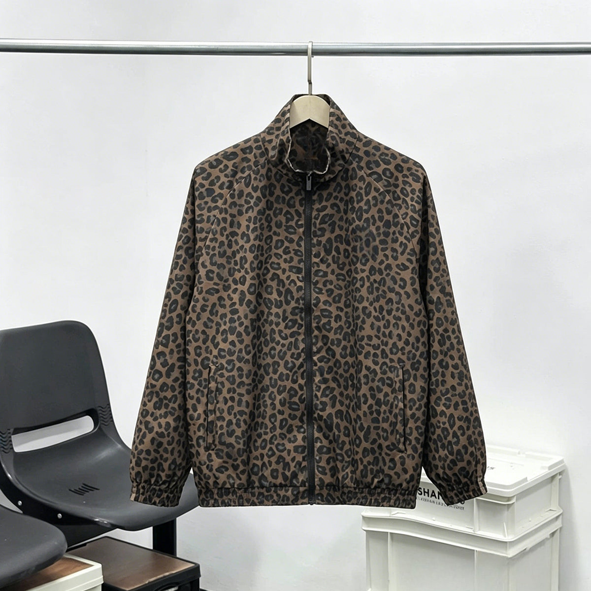 Women's new Leopard print zipper long sleeve coat