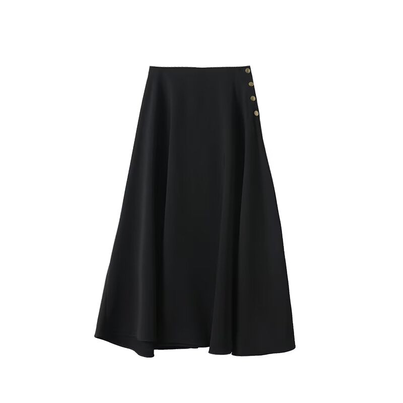 Women's casual draped gold Button-up flared skirt