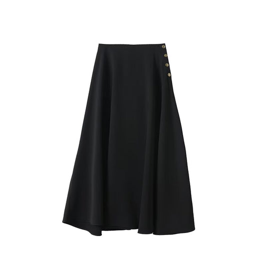 Women's casual draped gold Button-up flared skirt