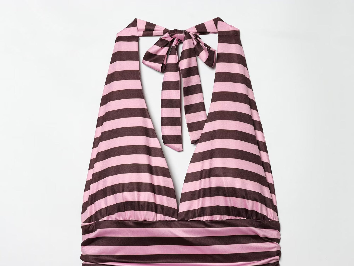 Women's striped pleated V-neck halter neck dress