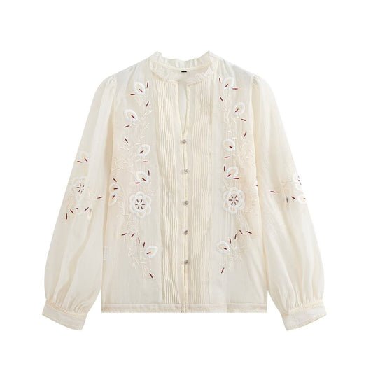 Women's floral embroidery transparent stiff yarn shirt